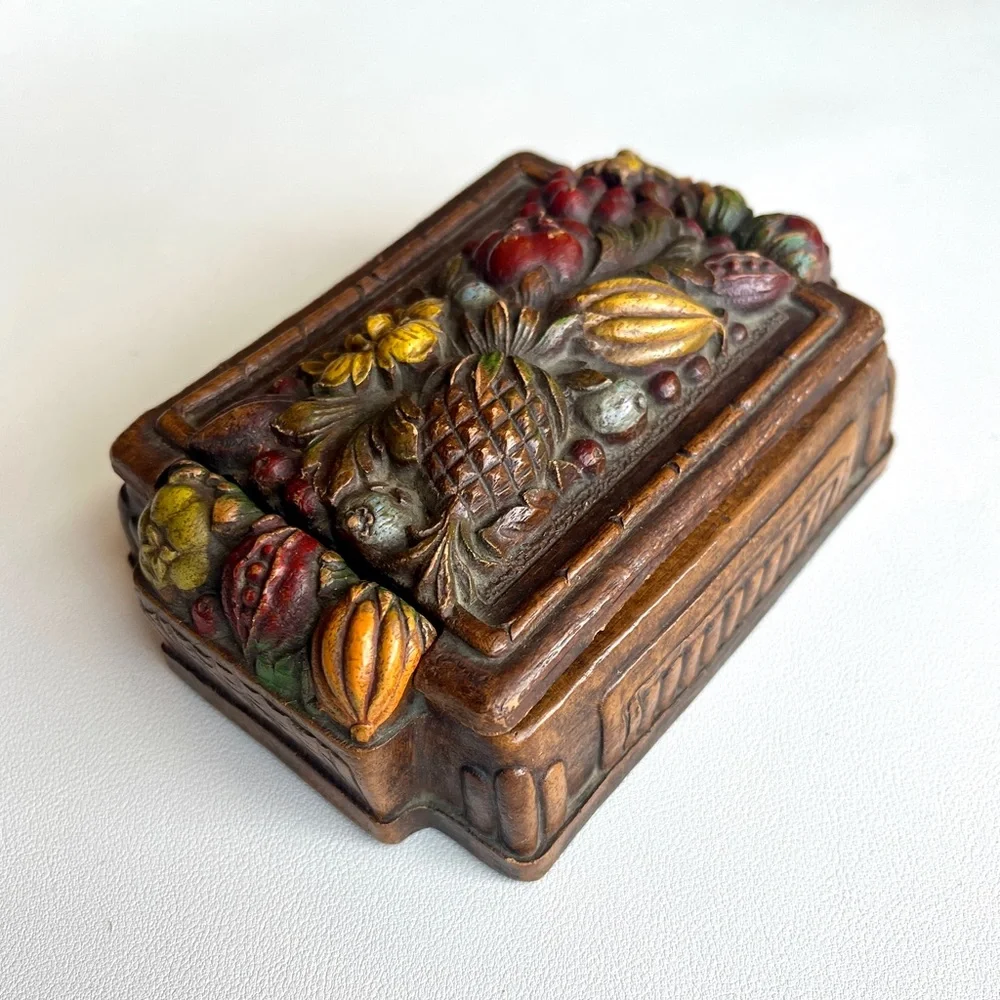 Vintage Cigarette Box, Colorful Syroco Box, Playing Cards Storage 1940s, Fruit